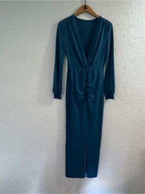 Deep Teal Long Sleeve Ruched Front Maxi Dress